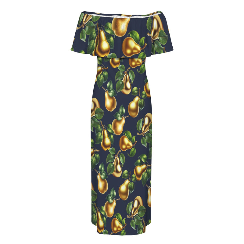 golden pear on blue on print Women's Off Shoulder Ruffle Boat Neck Dress (Model D71)