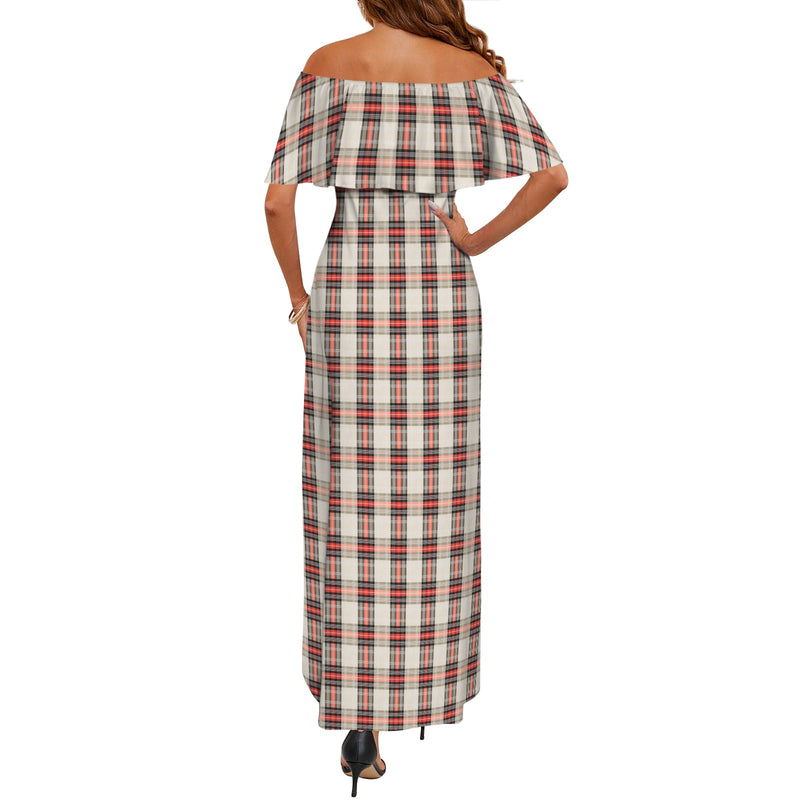 plaid print 10Z Women's Off Shoulder Ruffle Boat Neck Dress (Model D71)