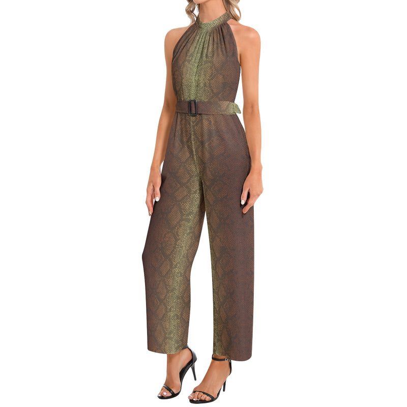 Halter Neck Buckle Belted Jumpsuit