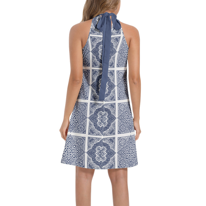 Tie Back Halter Neck Flared Dress