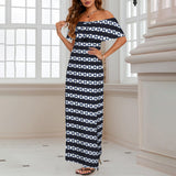 molecular print striped Women's Off Shoulder Ruffle Boat Neck Dress (Model D71)