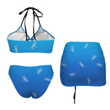 dragonfly print 5C Drawstring Halterneck Three-Piece Swimsuit Skirt