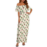 raspberry on tan print 3B Women's Off Shoulder Ruffle Boat Neck Dress (Model D71)