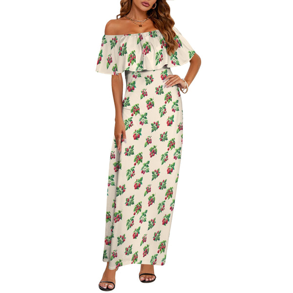 raspberry on tan print 3B Women's Off Shoulder Ruffle Boat Neck Dress (Model D71)