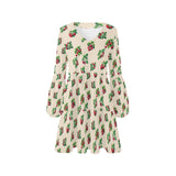 raspberry on tan print 3B V-Neck Loose Fit Dress (Model D62)