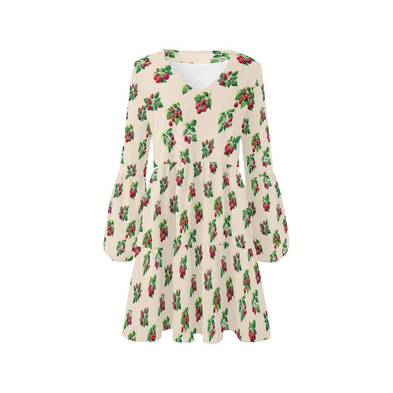 raspberry on tan print 3B V-Neck Loose Fit Dress (Model D62)