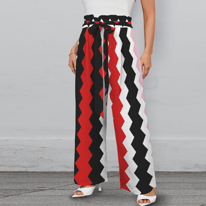 sawtooth print 5C Strappy Elastic Waist Wide Leg Pants with Pockets