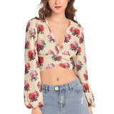 Women's Deep V-Neck Lantern Sleeve Crop Top