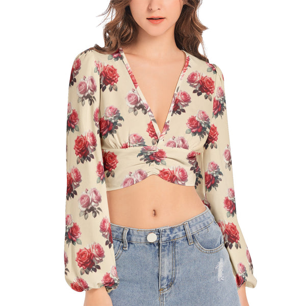 Women's Deep V-Neck Lantern Sleeve Crop Top