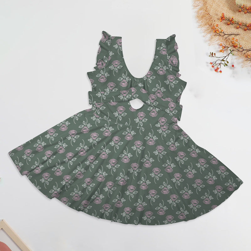 minimalism tea rose print 2A Women's Ruffle Sleeve Skirted Swimsuit (Model S59)