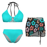 colorful hibiscus print Drawstring Halterneck Three-Piece Swimsuit Skirt