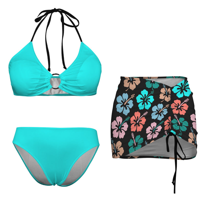 colorful hibiscus print Drawstring Halterneck Three-Piece Swimsuit Skirt