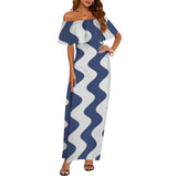 delft blue monarch butterfly print Women's Off Shoulder Ruffle Boat Neck Dress (Model D71)