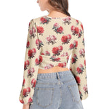 Women's Deep V-Neck Lantern Sleeve Crop Top