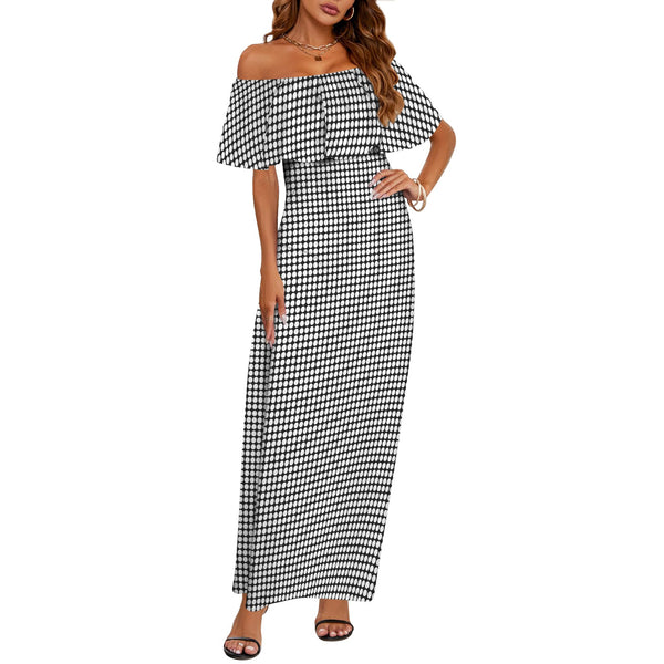 white dot print 2B Women's Off Shoulder Ruffle Boat Neck Dress (Model D71)