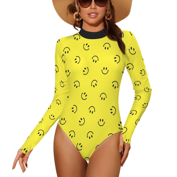 black solid print skirt Backless Long Sleeve One-Piece Swimsuit (Model S60)