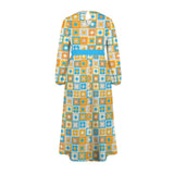 Retro Petals Round Neck Long Sleeve Belted Maxi Dress