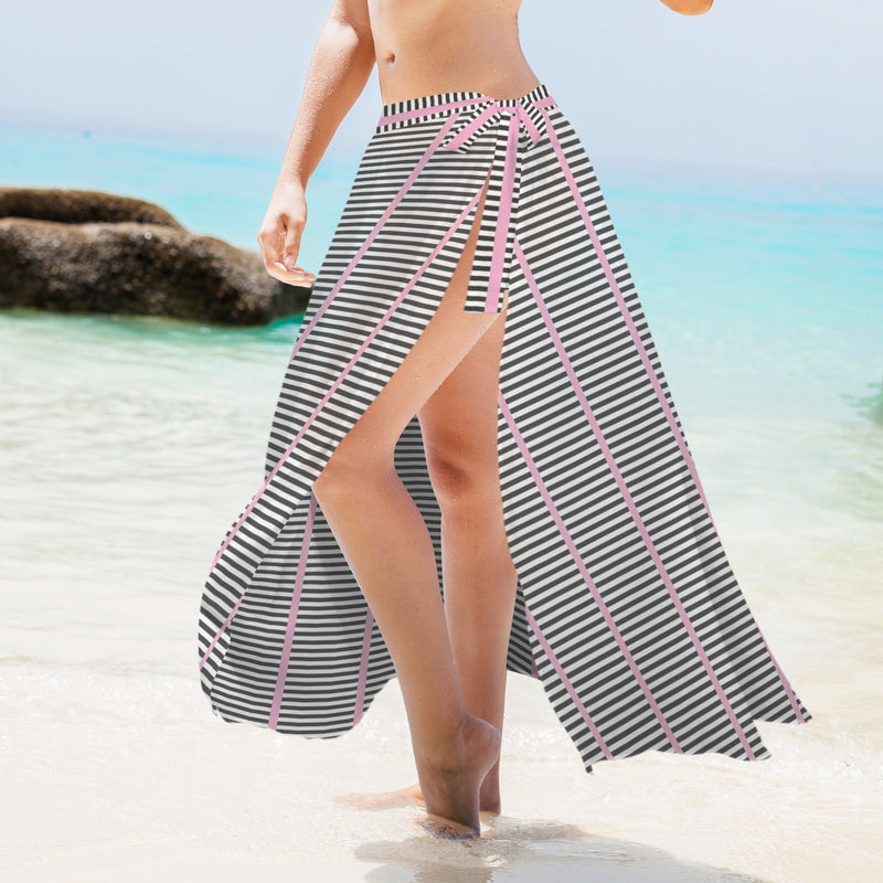 striped pink and black print Women's Long Knot Side Cover Up