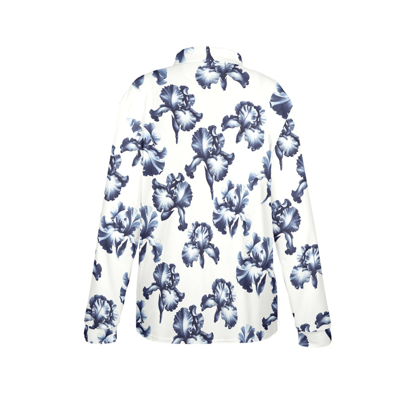 white iris print Women's Long Sleeve Polo Shirt (Model T73)