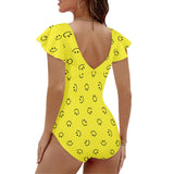 smiley face print 2A Women's Twist Front Ruffle Sleeve Swimsuit (Model S55)