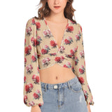 Women's Deep V-Neck Lantern Sleeve Crop Top