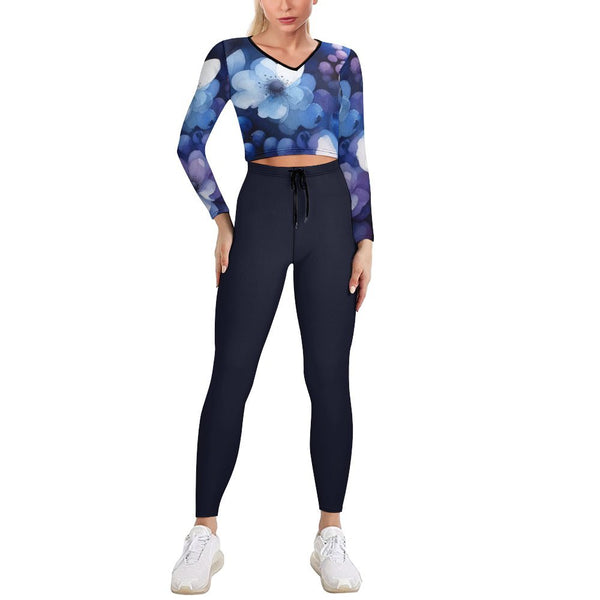 Blueberries and Blueberry Blossoms V-neck Long Sleeve Yoga Set V neck sweatshirt set