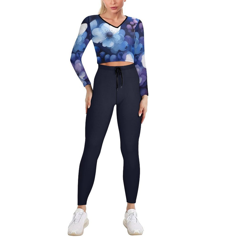 Blueberries and Blueberry Blossoms V-neck Long Sleeve Yoga Set V neck sweatshirt set