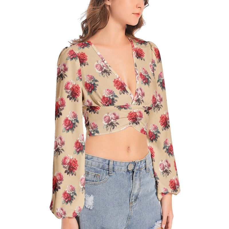 Women's Deep V-Neck Lantern Sleeve Crop Top