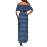 blue plaid print 4A Women's Off Shoulder Ruffle Boat Neck Dress (Model D71)