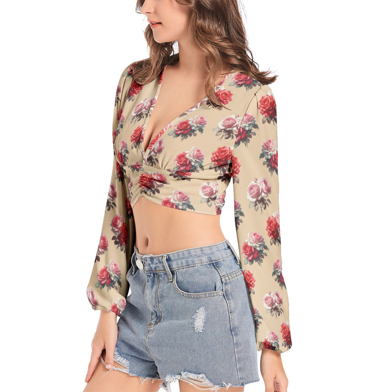 Women's Deep V-Neck Lantern Sleeve Crop Top