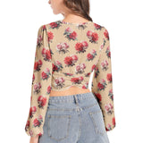 Women's Deep V-Neck Lantern Sleeve Crop Top