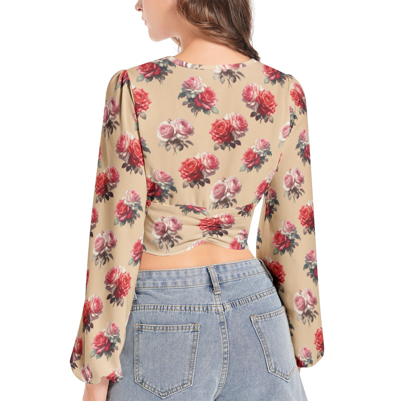 Women's Deep V-Neck Lantern Sleeve Crop Top