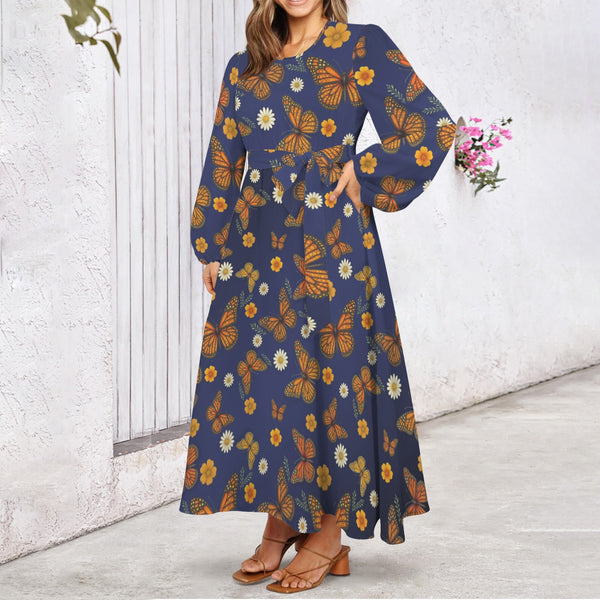 Butterfly Round Neck Long Sleeve Belted Maxi Dress