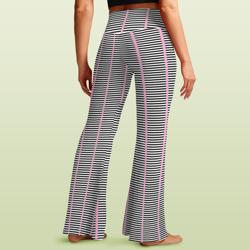 striped pink and black print High Waist Crossover Tummy Control Flare Leggings