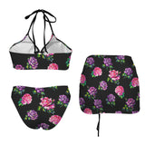 color block floral print 2A Drawstring Halterneck Three-Piece Swimsuit Skirt