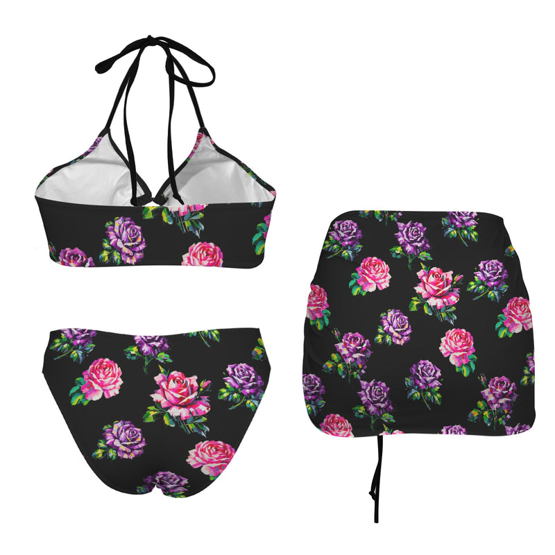 color block floral print 2A Drawstring Halterneck Three-Piece Swimsuit Skirt