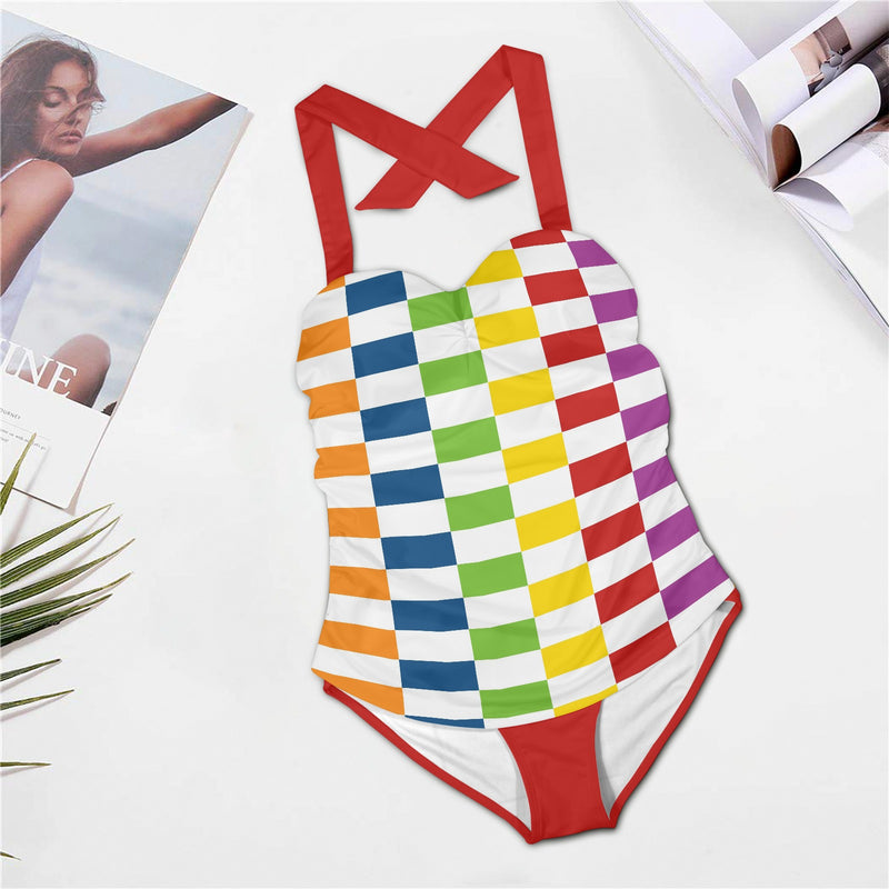 crimson2 Women's Halter Neck Gather Chest Swimsuit (Model S52)