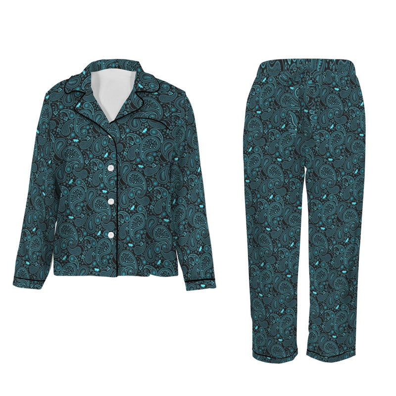 Teal Paisley Women's Long Sleeve Satin Pajama Set