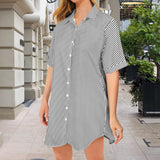 striped bw print 2 Short Sleeve Button Front Shirt Dress