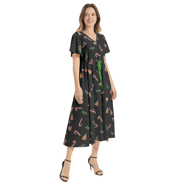 Flutter Sleeve Drawstring Waist Flared Dress