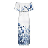 white solid print addsart Women's Off Shoulder Ruffle Boat Neck Dress (Model D71)