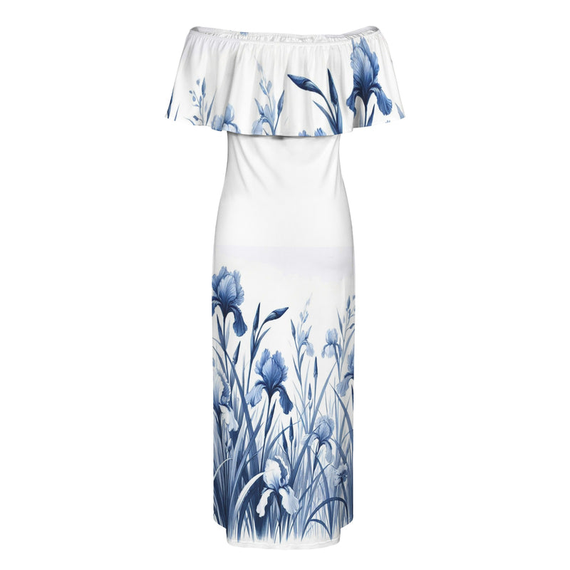 Delft Blue Iris Women's Off Shoulder Ruffle Boat Neck Dress