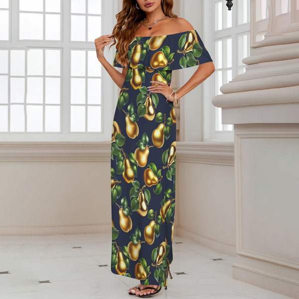 golden pear on blue on print Women's Off Shoulder Ruffle Boat Neck Dress (Model D71)