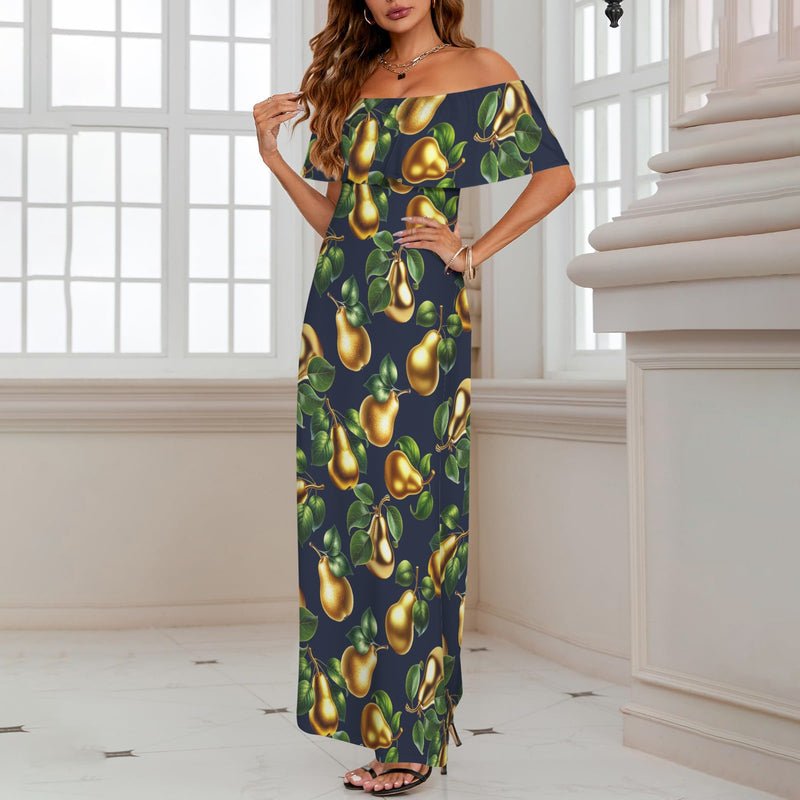 golden pear on blue on print Women's Off Shoulder Ruffle Boat Neck Dress (Model D71)