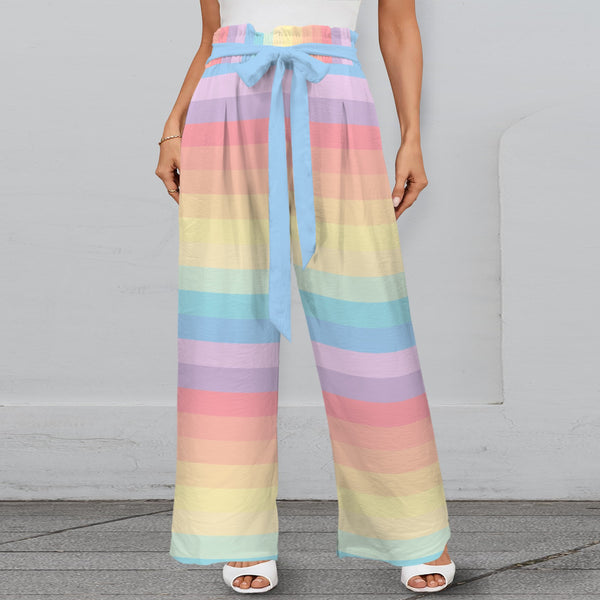 rainbow striped pillow case Strappy Elastic Waist Wide Leg Pants with Pockets