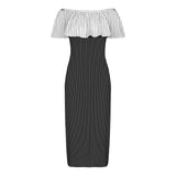 wb asym striped print Women's Off Shoulder Ruffle Boat Neck Dress (Model D71)