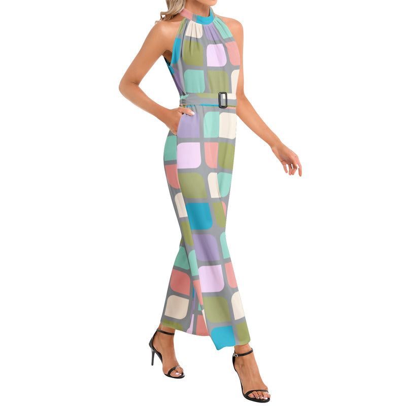 Halter Neck Buckle Belted Jumpsuit