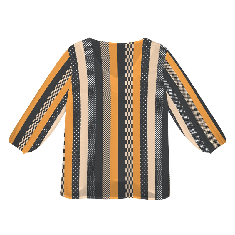 eclectic stripe print Women's Loose V-Neck Long Puff Sleeve Top (Model H70)