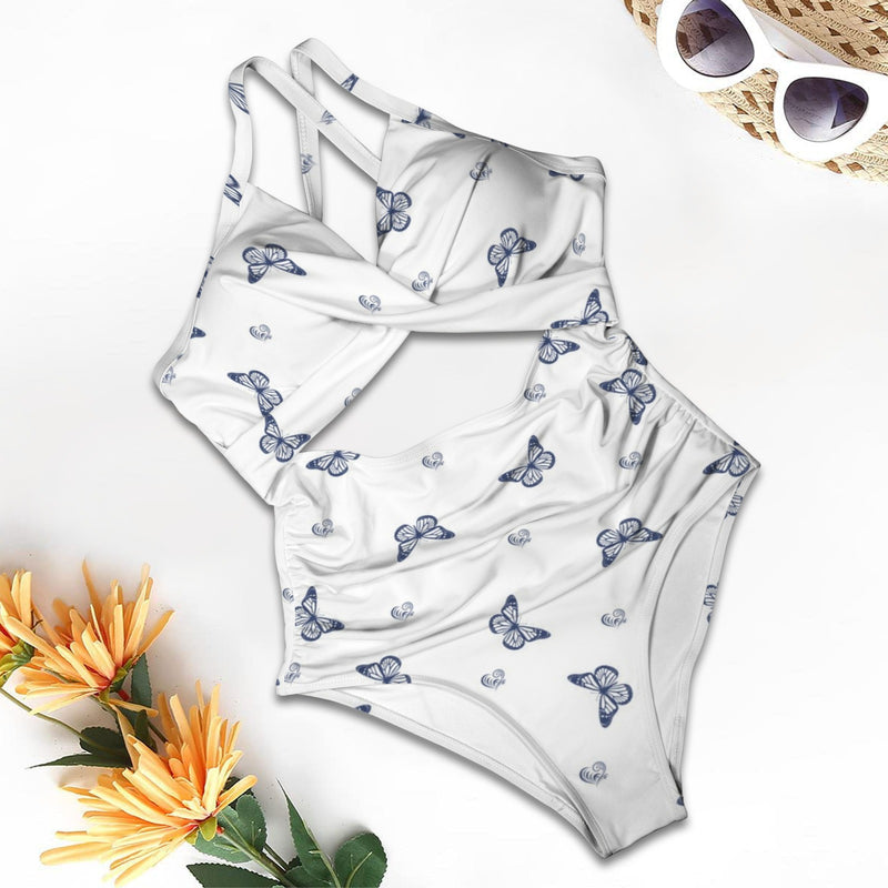 delft blue monarch butterfly print Women's Twist Front Tie Back Swimsuit (Model S57)