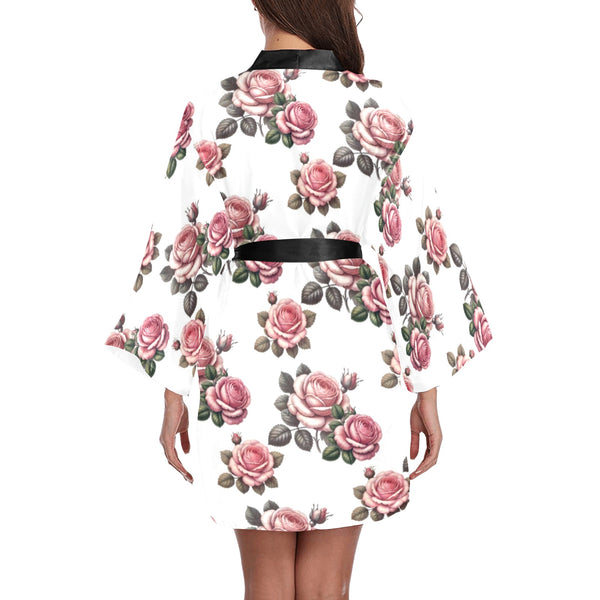 white back pink rose print Long Sleeve Kimono Robe